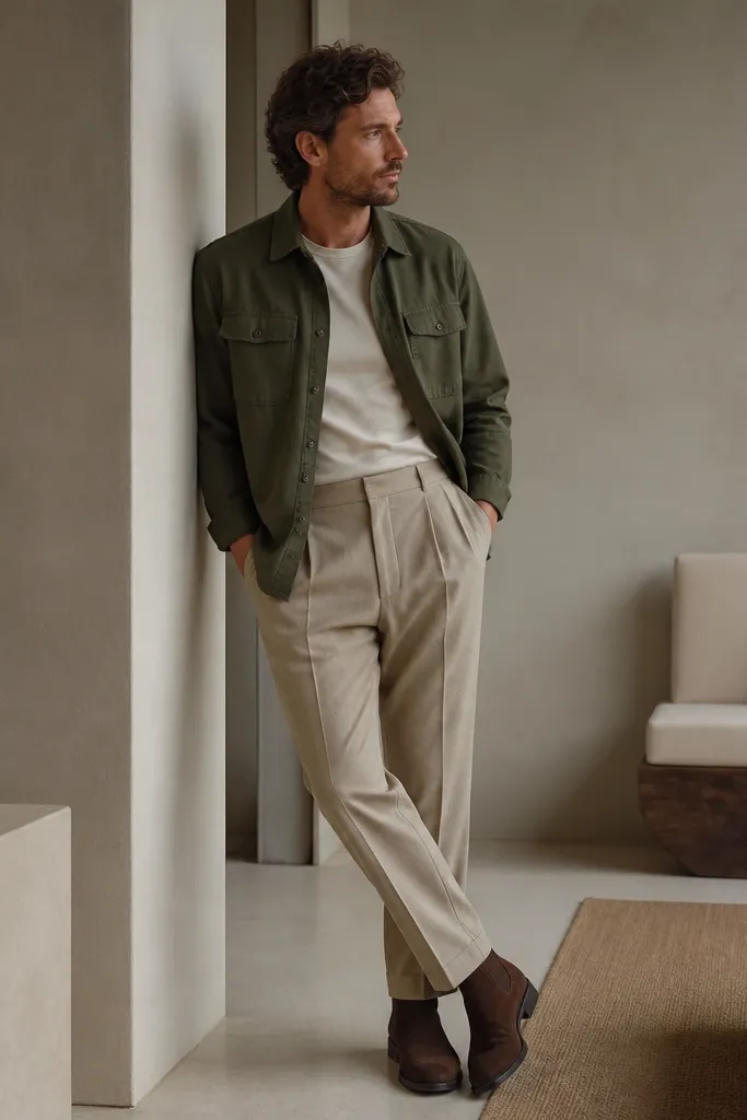 A man in an olive overshirt over a neutral tee, wearing oat beige dress trousers and chocolate suede boots. The lighting shows matte fabrics and a textured suede finish.