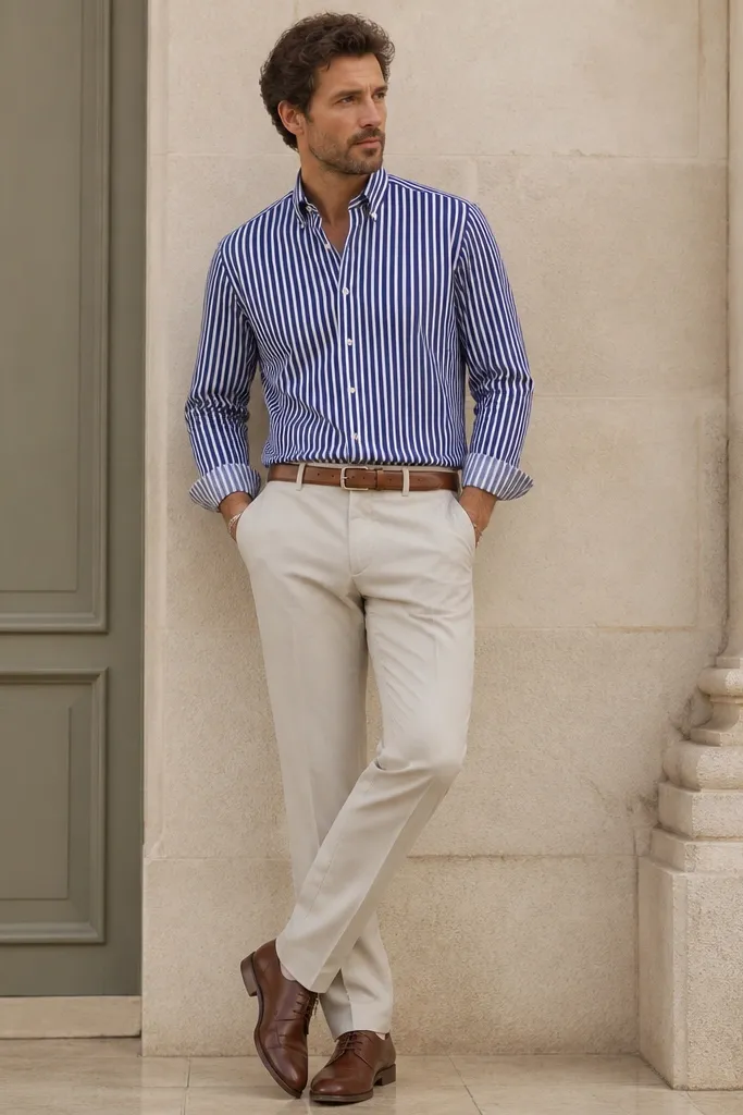 A man wearing a navy and white striped button-down shirt tucked into light stone beige dress pants. He has a brown belt and matching brown leather shoes. The photo shows the stripes aligned and the fit clean at the waist.