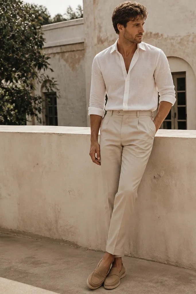 A man wearing a white linen shirt with sleeves rolled up, tucked into beige dress pants. He's in tan loafers with an espadrille-like texture. The photo shows a relaxed summer vibe with still-tailored pants.