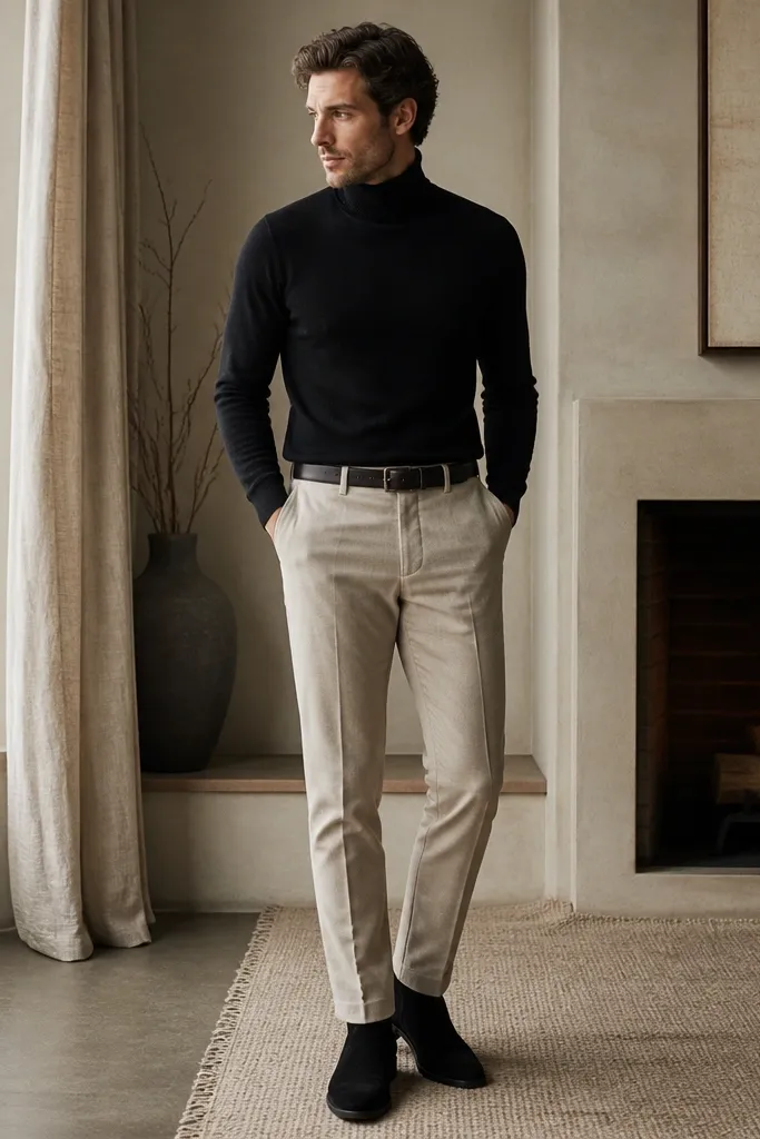 A man wearing a fitted black turtleneck sweater tucked into beige wool dress trousers. He wears black suede chukka boots and a black belt. The photo shows a winter-cozy outfit with clean lines and matte fabrics.