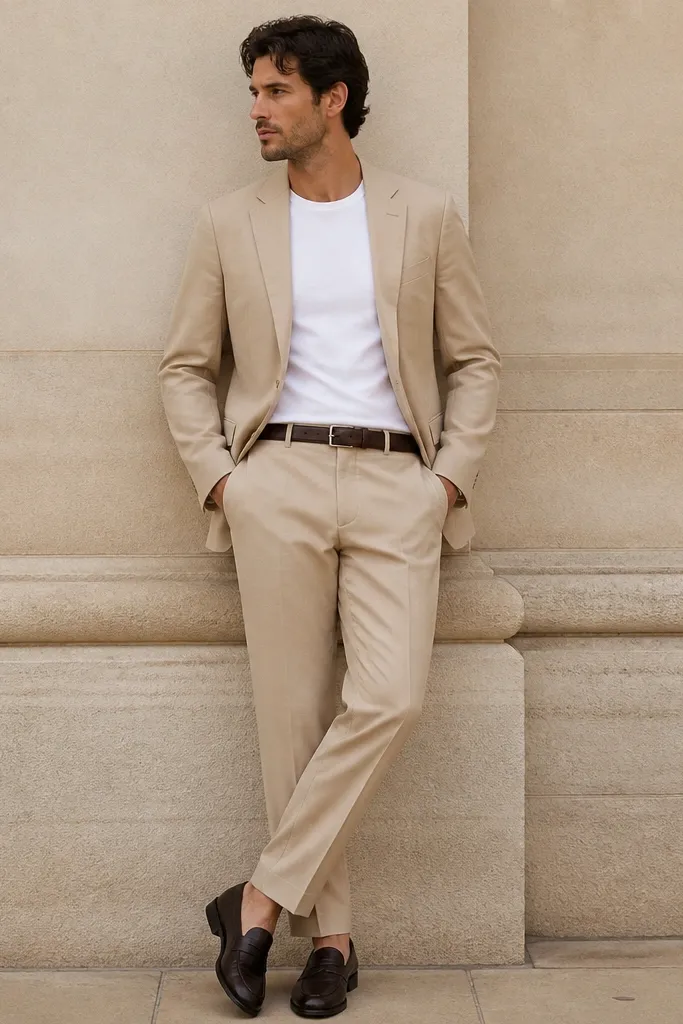 A man in a sand beige blazer and matching beige trousers. Under the blazer he wears a plain white crew tee. He's in dark loafers and a belt that matches. The image shows suit-like structure with casual top styling.