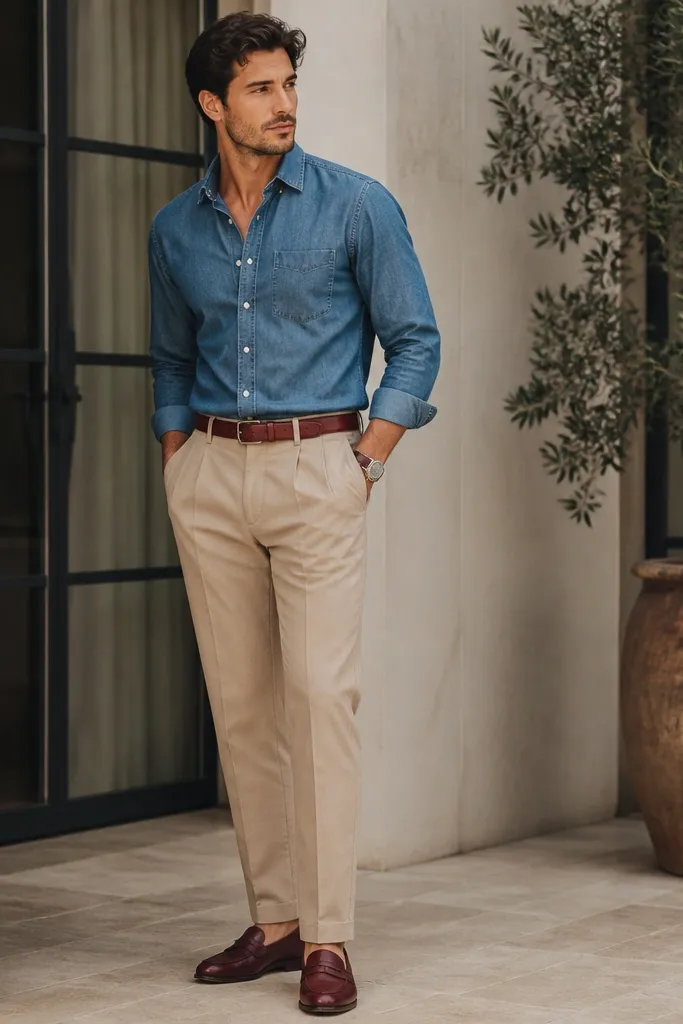 A man wearing a medium-wash denim shirt tucked into beige dress pants. He has a burgundy belt and burgundy leather loafers. The photo shows a casual-correct balance with coordinated burgundy accents.