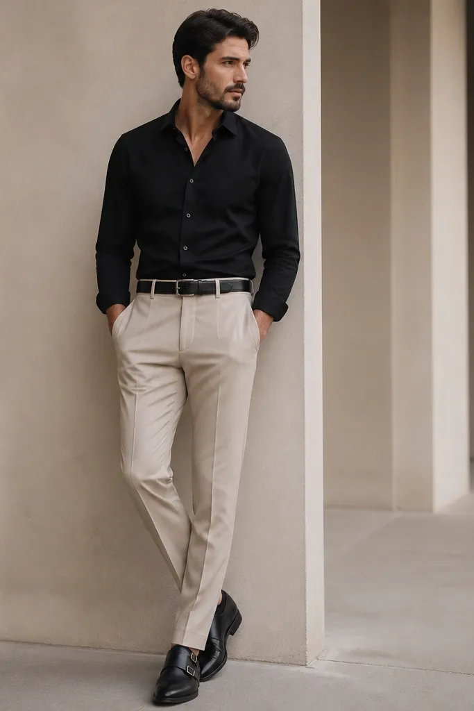 A man wearing a matte black button-up shirt tucked into oat beige dress pants. He wears black monk strap shoes with two buckles and a black belt. The photo shows sharp contrast and a clean shoe silhouette.