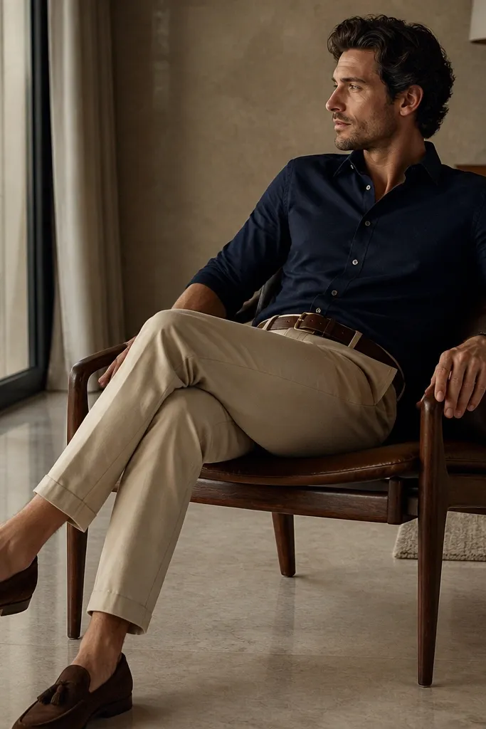 A man wearing a dark navy button-down shirt tucked into stone beige dress pants. He wears brown suede tassel loafers and a matching belt. The photo emphasizes the suede texture and the dark-navy depth.
