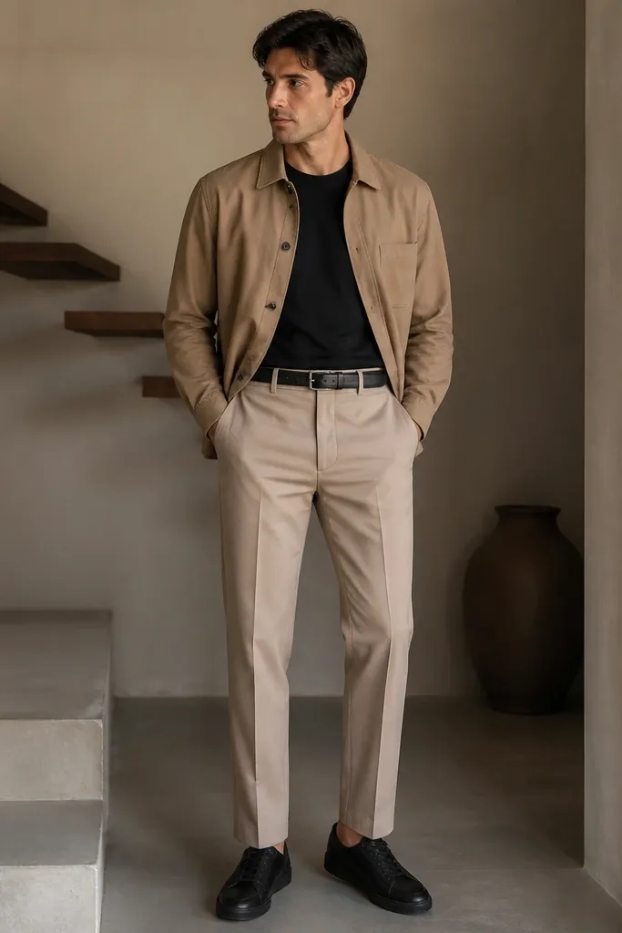 A man wearing a tan overshirt over a black T-shirt, tucked into beige dress pants. He wears black leather sneakers and a black belt. The photo shows a layered neutral outfit with sharp lines.