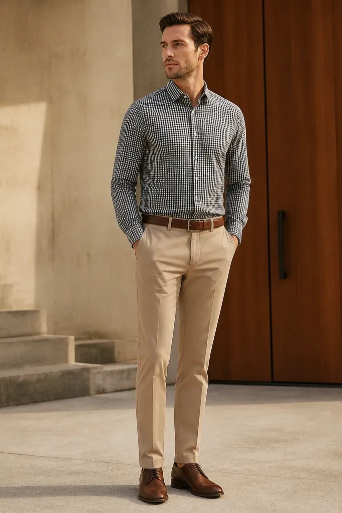 A man in beige dress pants wearing a black-and-white check button-down shirt. He wears brown leather derbies and a belt matching the shoes. The photo shows a structured check pattern and a clean hem line.
