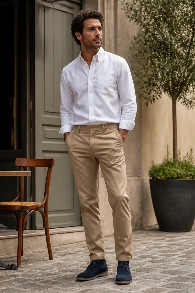 A man wearing stone beige khaki pants with a crisp white button-down oxford shirt tucked in, sleeves down. He has a navy suede desert boot on one foot and a simple brown watch. The background is a bright outdoor sidewalk.