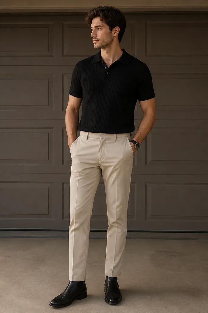 A man stands in front of a garage door wearing oatmeal beige khaki pants with a black ribbed polo shirt. He has black leather Chelsea boots and a black watch strap. The lighting is warm and indoor.