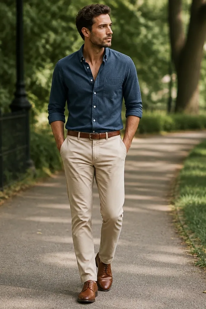 A man wearing beige khaki pants and a navy chambray shirt with the top two buttons undone. He wears cognac leather lace-up shoes and a brown leather belt. The background is a park path.