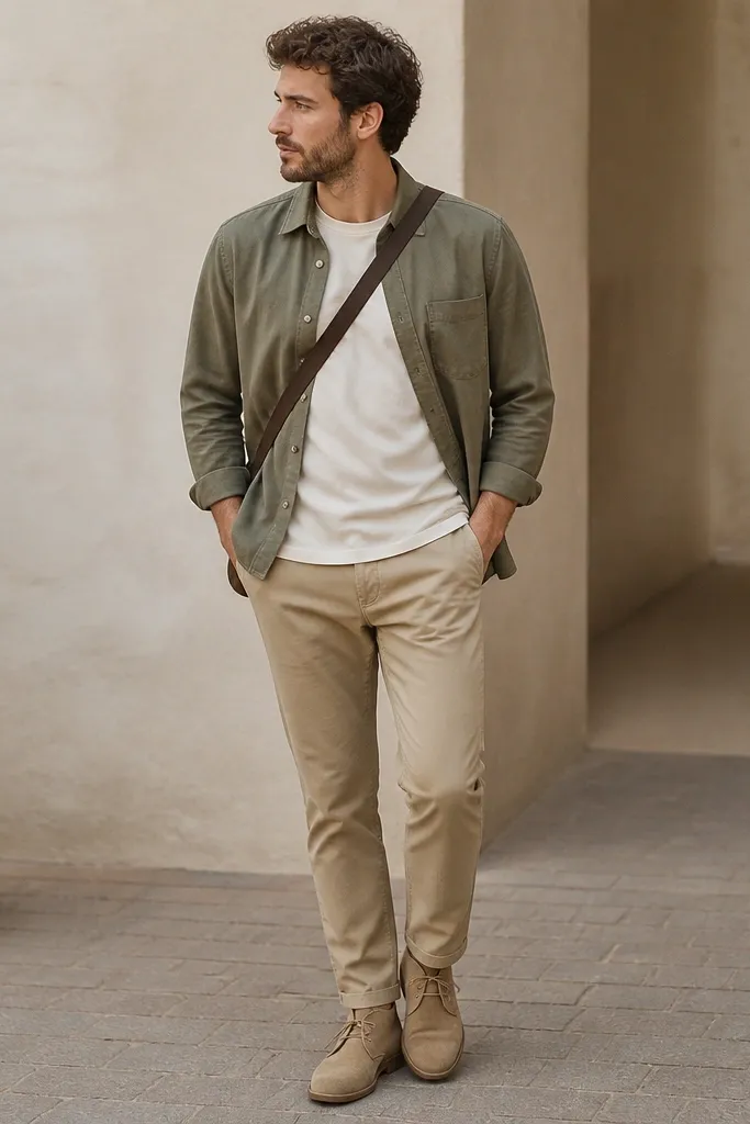 A man wearing khaki pants with an off-white crew t-shirt, an olive overshirt layered on top. Tan suede chukka boots and a crossbody bag strap are visible.