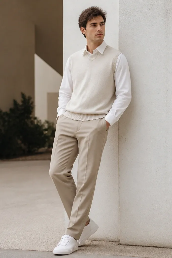 A man wearing sand beige khaki pants with a cream sweater vest over a white button-down. The collar peeks out, and he wears minimal white sneakers.