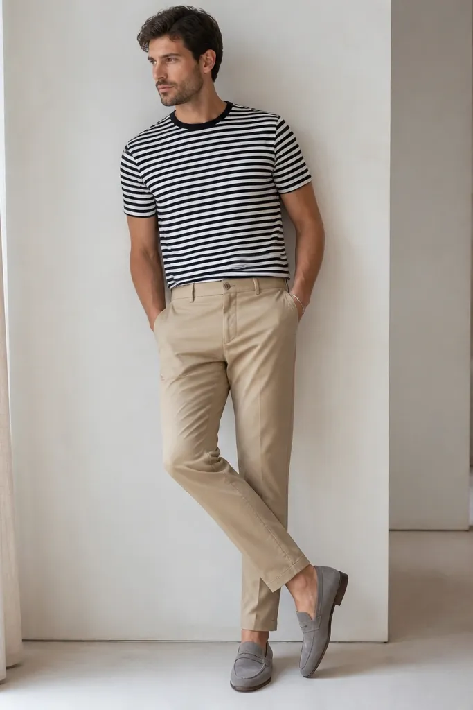 A man wearing beige khaki pants with a black-and-white striped t-shirt tucked neatly. He wears gray suede loafers and a simple bracelet.