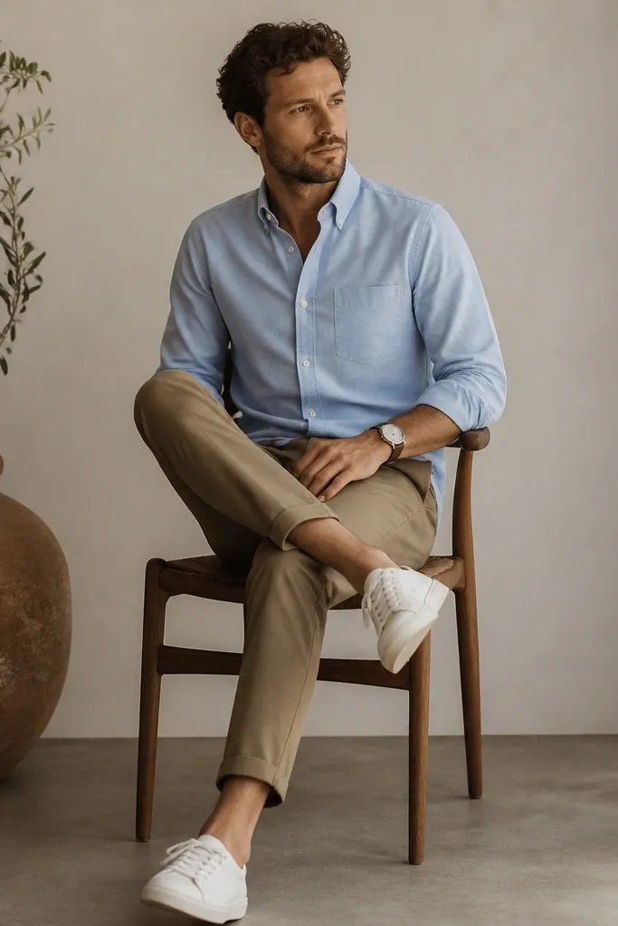 A man in khaki pants wearing a light blue oxford button-down. He has one rolled sleeve and white leather sneakers, with a casual watch.