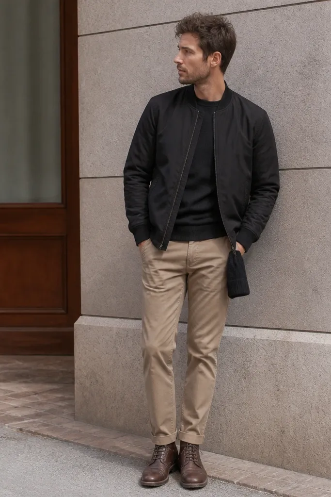 A man wearing taupe beige khaki pants with a matte black bomber jacket. He has dark brown leather boots and a dark knit beanie tucked in his pocket.