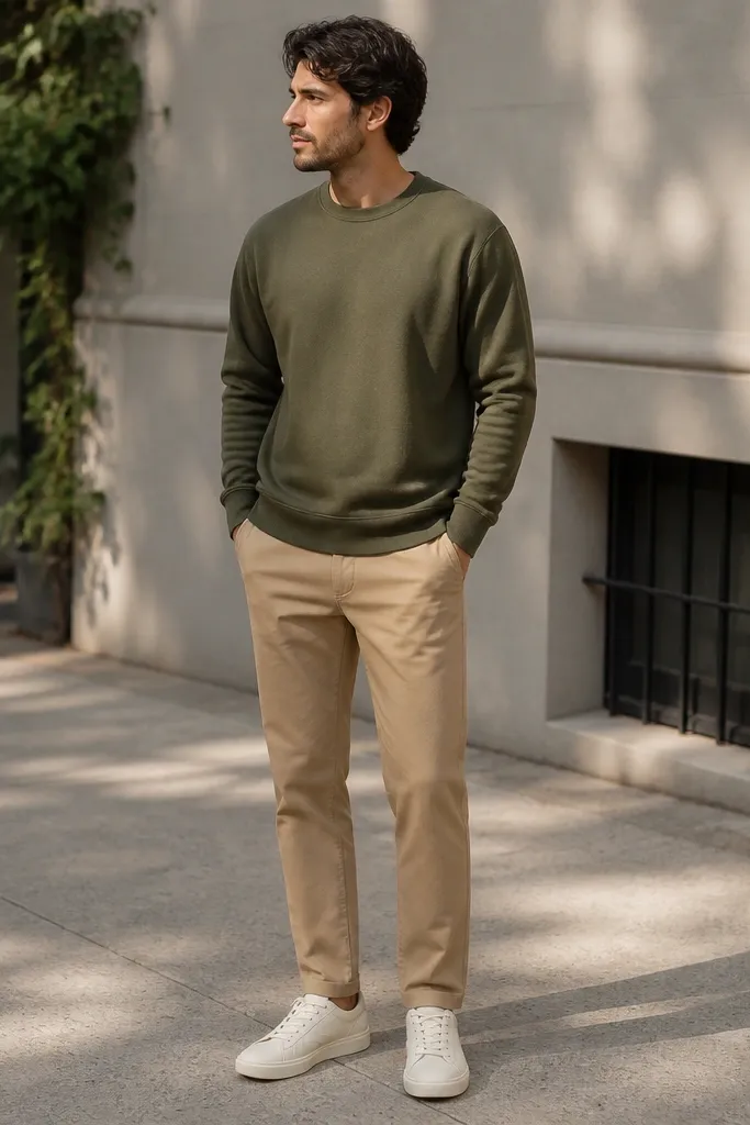 A man in beige khaki pants wearing an olive crewneck sweatshirt and off-white sneakers. The outfit is photographed on a concrete sidewalk with soft shadows.