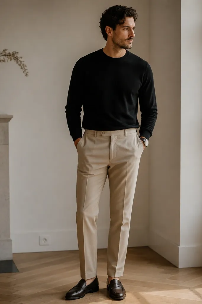 A man wearing beige khaki pants with a black crewneck sweatshirt and dark leather loafers. The photo shows a clean belt line and a simple watch.