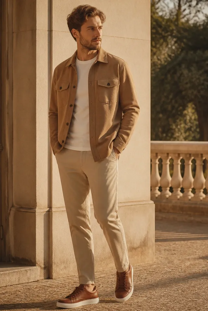 A man layered in camel overshirt on top of a white tee, wearing beige khaki pants and brown leather sneakers. The lighting is golden and the overshirt texture is visible.