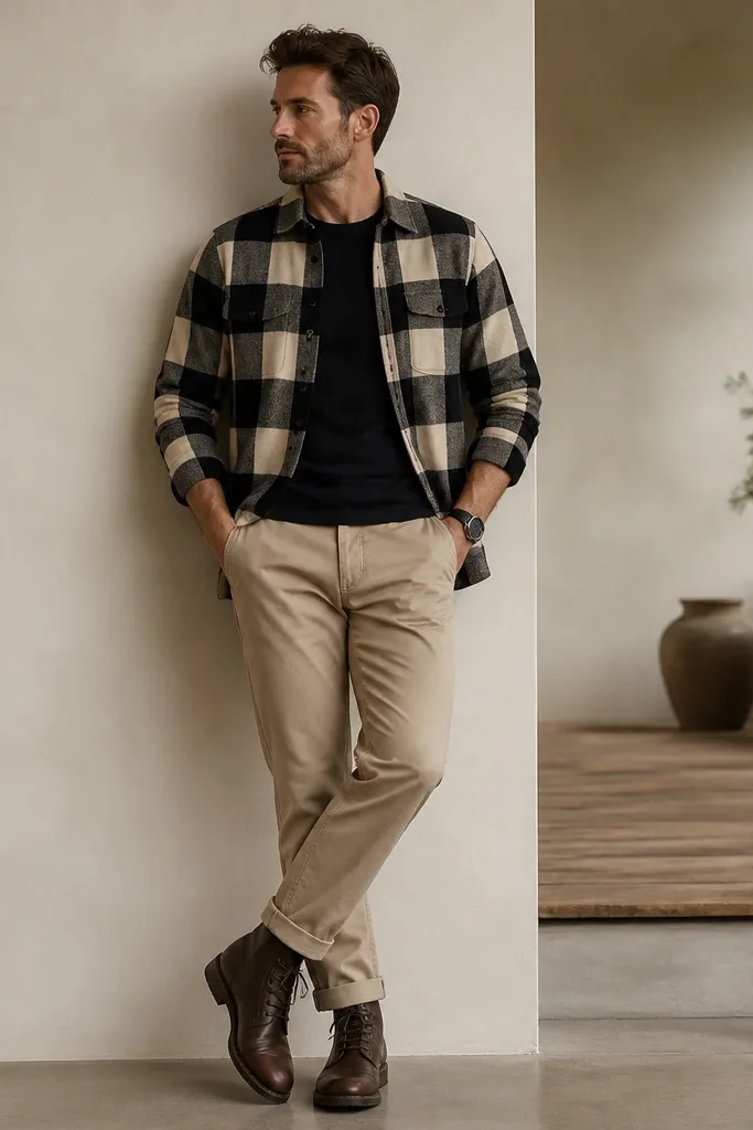A man wearing beige khaki pants with a black-and-cream check overshirt. He has dark brown lace-up boots and a simple dark watch.