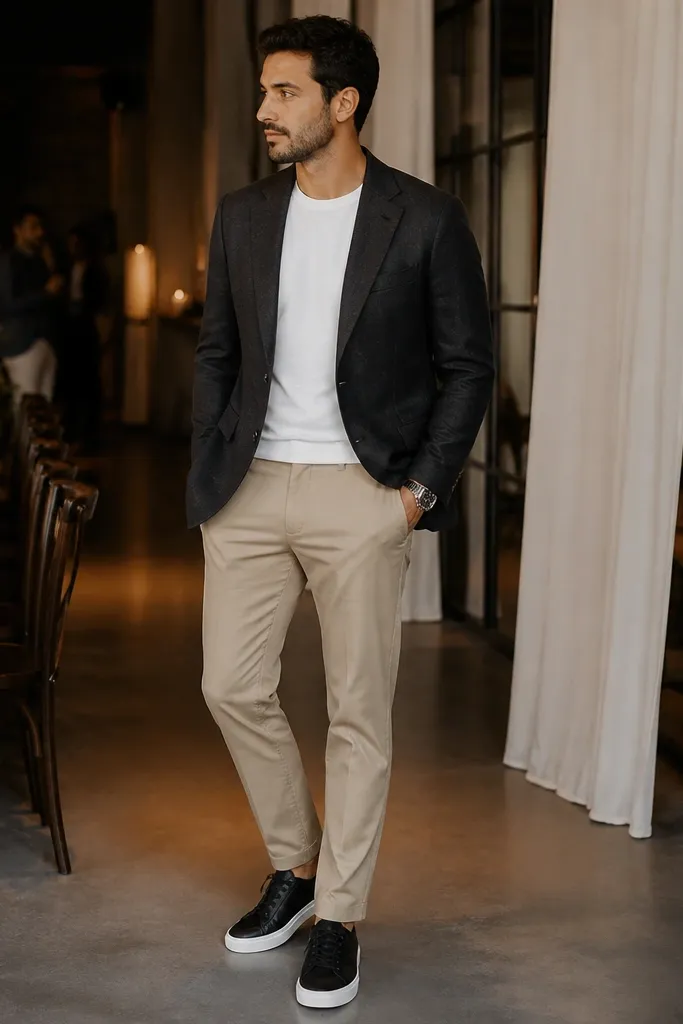 A man wearing beige khaki pants with a charcoal blazer over a white tee. He has black minimalist sneakers and a crisp watch. The photo looks like a casual event or dinner.