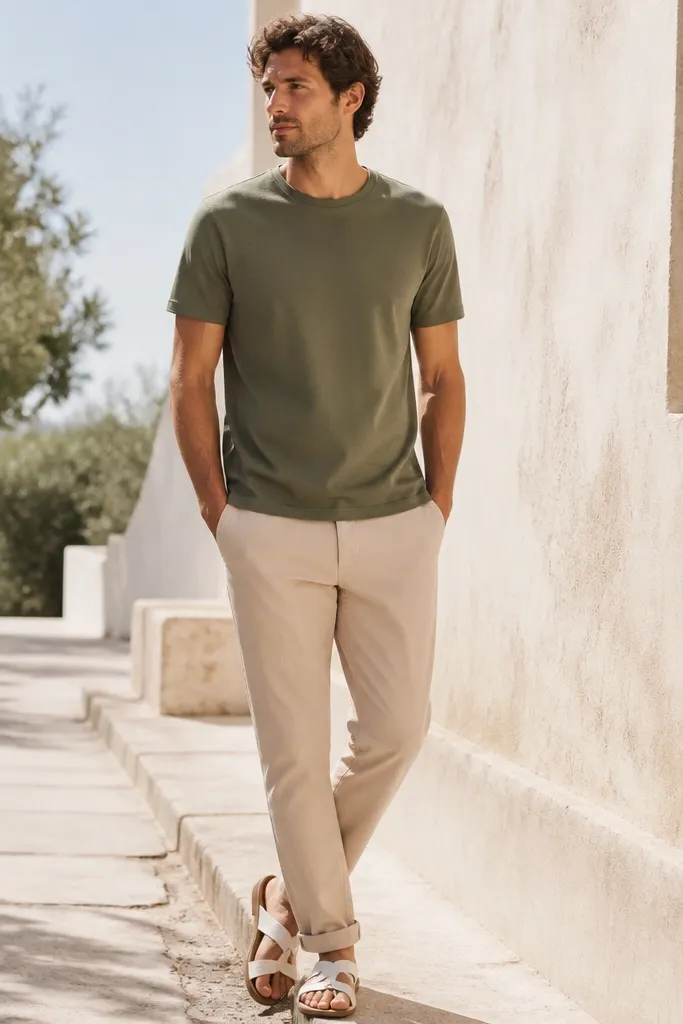A man wearing beige khaki pants with an olive t-shirt and white leather sandals. The outfit is photographed outdoors in bright daylight.