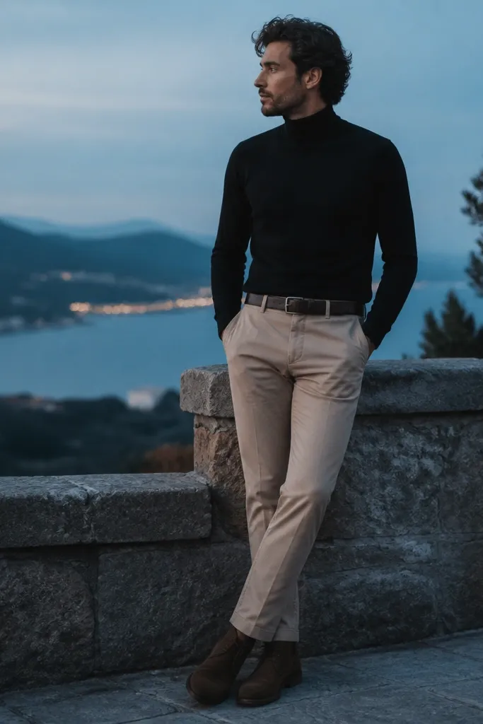 A man wearing beige khaki pants with a black rollneck sweater. He has brown suede chukka boots and a dark leather belt. The lighting is cool and evening-like.