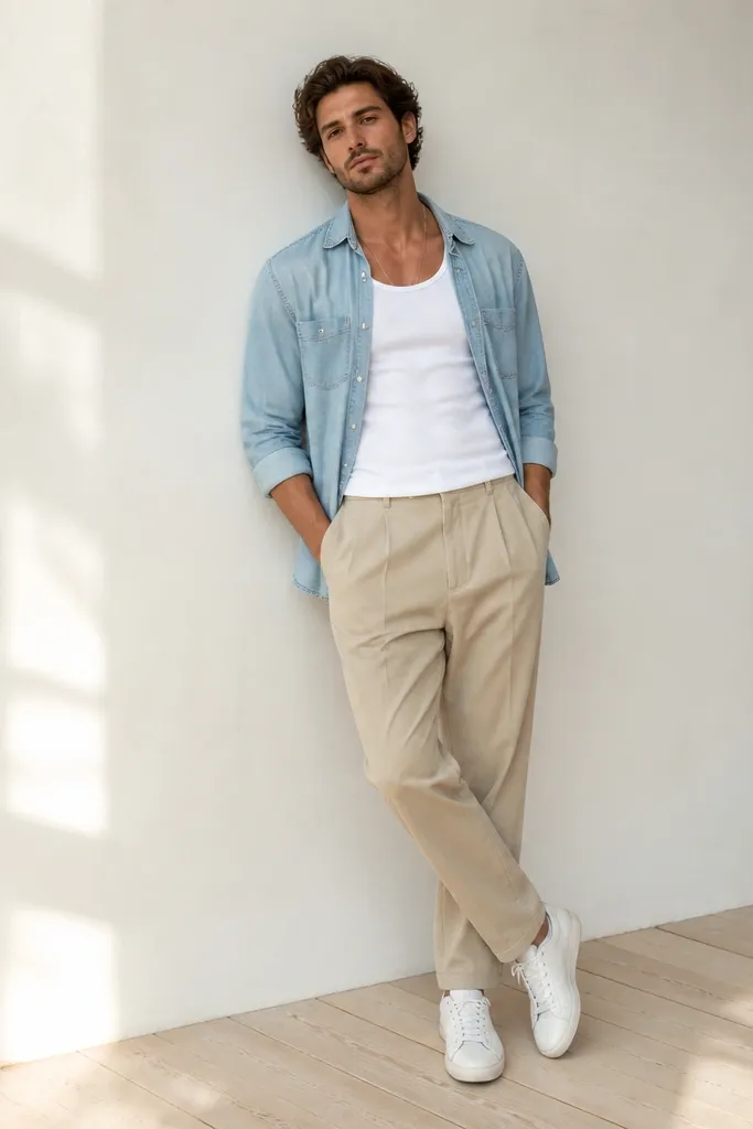 A man wearing beige khaki pants with a white tank top. He has an open light denim shirt over it and white sneakers.