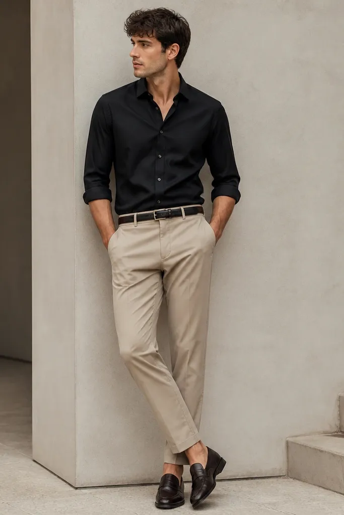 A man wearing beige khaki pants with a black button-up shirt rolled at the sleeves. He wears dark loafers and a slim black belt.