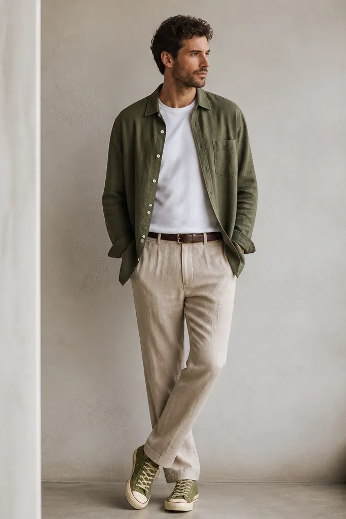 Beige linen pants with an olive button-front overshirt worn open over a plain white crew-neck tee. The man wears a dark brown leather belt and olive canvas sneakers; the photo shows the overshirt draping and creating a layered shape.