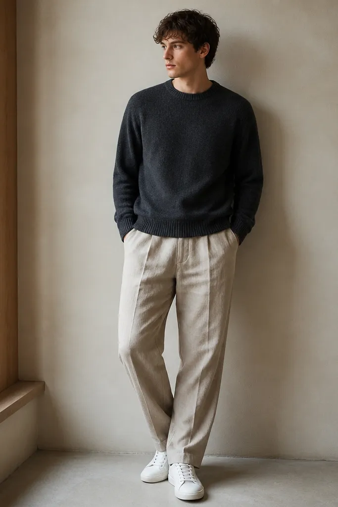 Beige linen pants paired with a charcoal crewneck sweater, collarless and slightly loose, worn with white low-top sneakers. The pants show a relaxed drape and the sweater has a soft knit texture in the photo.