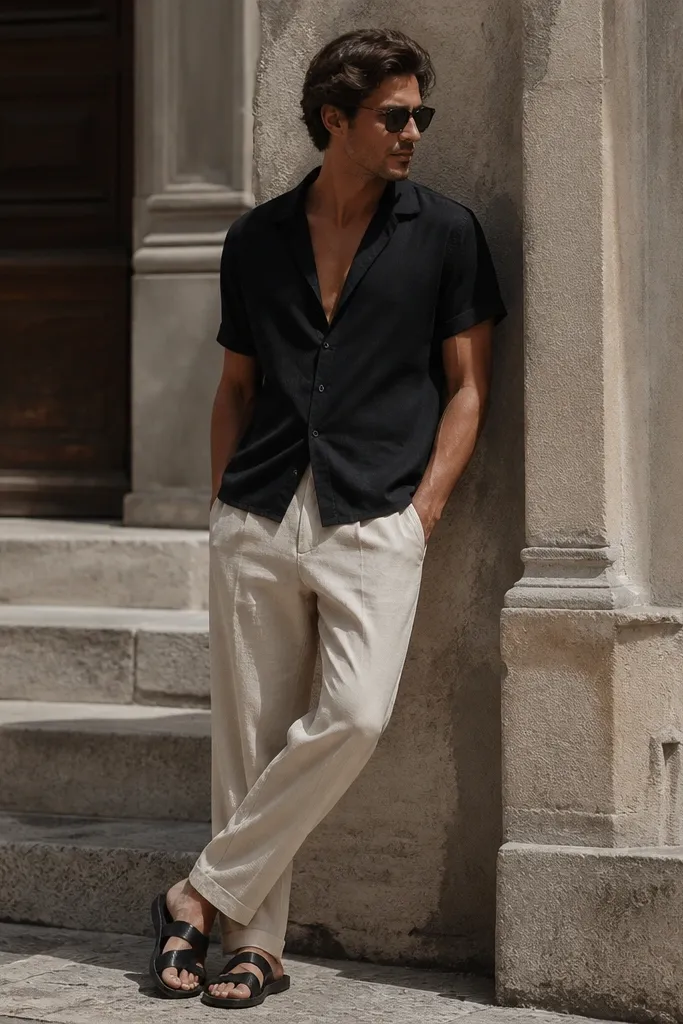 Beige linen pants with a black camp collar short-sleeve shirt worn open at the chest, plus black leather sandals. The photo shows strong contrast and a relaxed resort-city vibe.