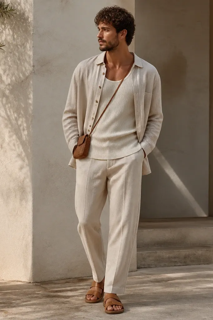 Beige linen pants with a cream ribbed tank top under an oatmeal button-front overshirt worn open. The man wears tan leather sandals and a small crossbody bag; the lighting highlights the rib texture.