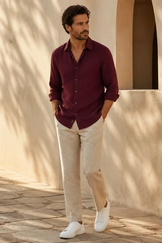 Beige linen pants paired with a burgundy linen-blend button-up shirt, sleeves rolled, worn with white clean sneakers. The photo shows the burgundy color against warm beige in late afternoon light.