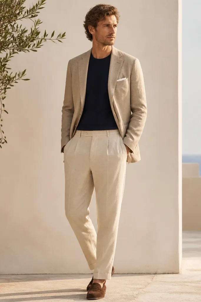 Beige linen pants styled with a sand blazer worn over a navy crew tee. The man wears brown loafers and a simple pocket square in white; the blazer is unbuttoned.