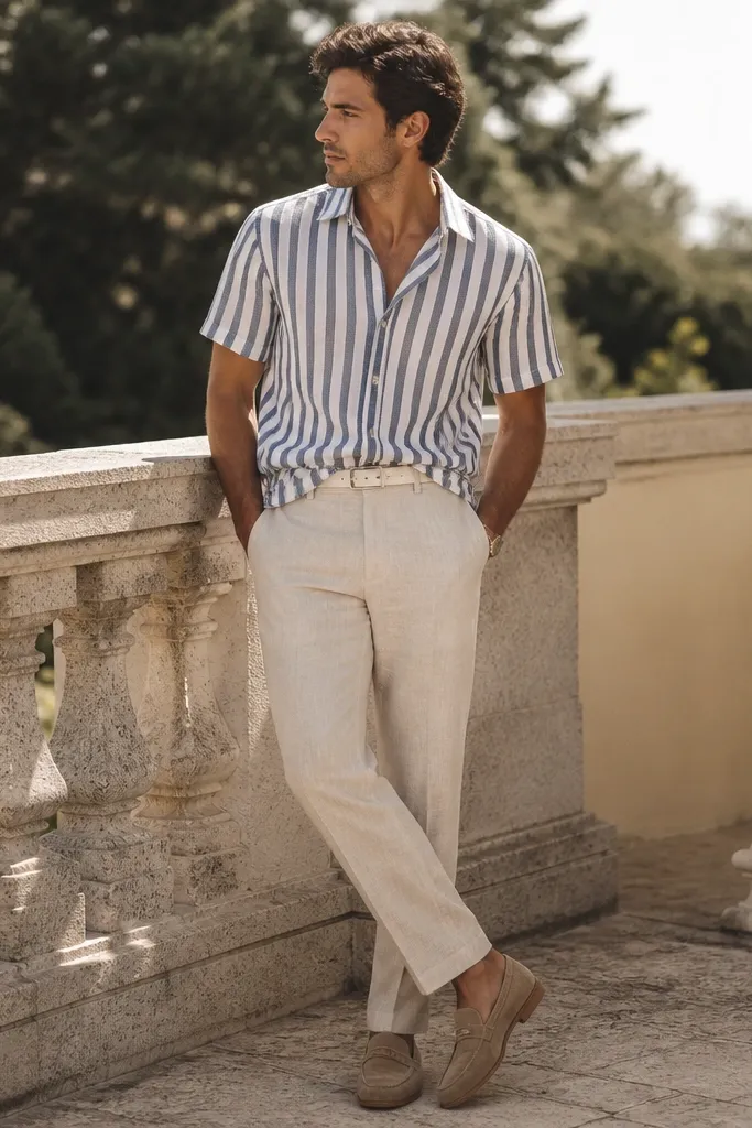 Beige linen pants with a short-sleeve button-up striped shirt in white and muted navy. The man wears tan suede loafers and a cream belt; the shirt is half-tucked with a relaxed collar.