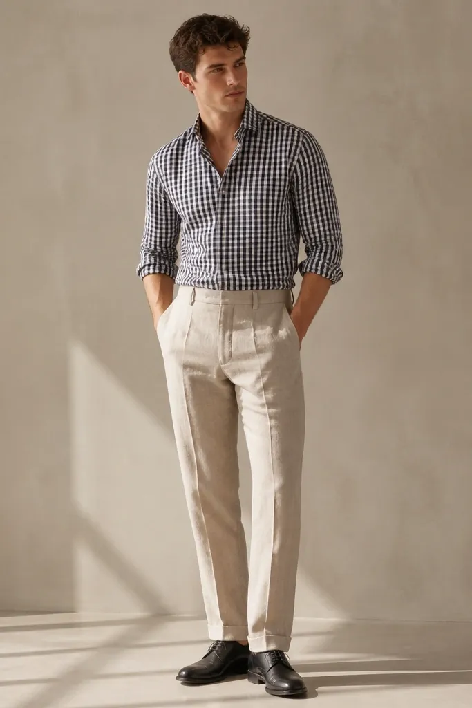 Beige linen pants paired with a black-and-white check button-up shirt, sleeves rolled, worn with black leather derby shoes. The shirt is tucked and the outfit looks crisp against a neutral background.