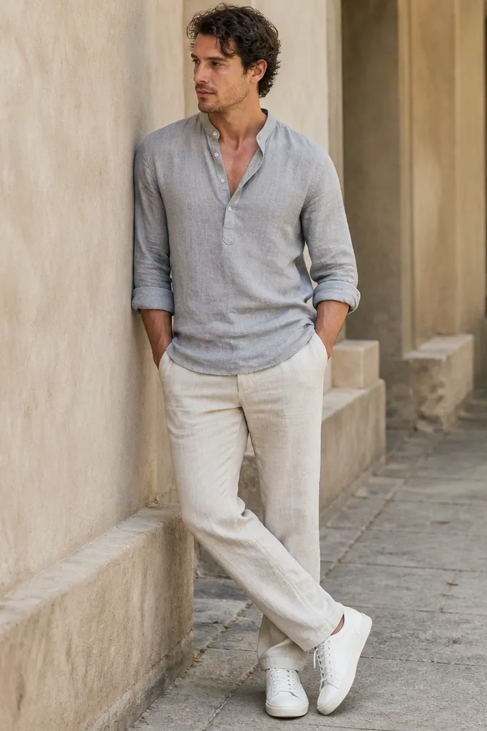 Beige linen pants with a heather gray linen henley shirt, top two buttons open, worn with low-profile white sneakers. The photo shows subtle texture on both shirt and pants.