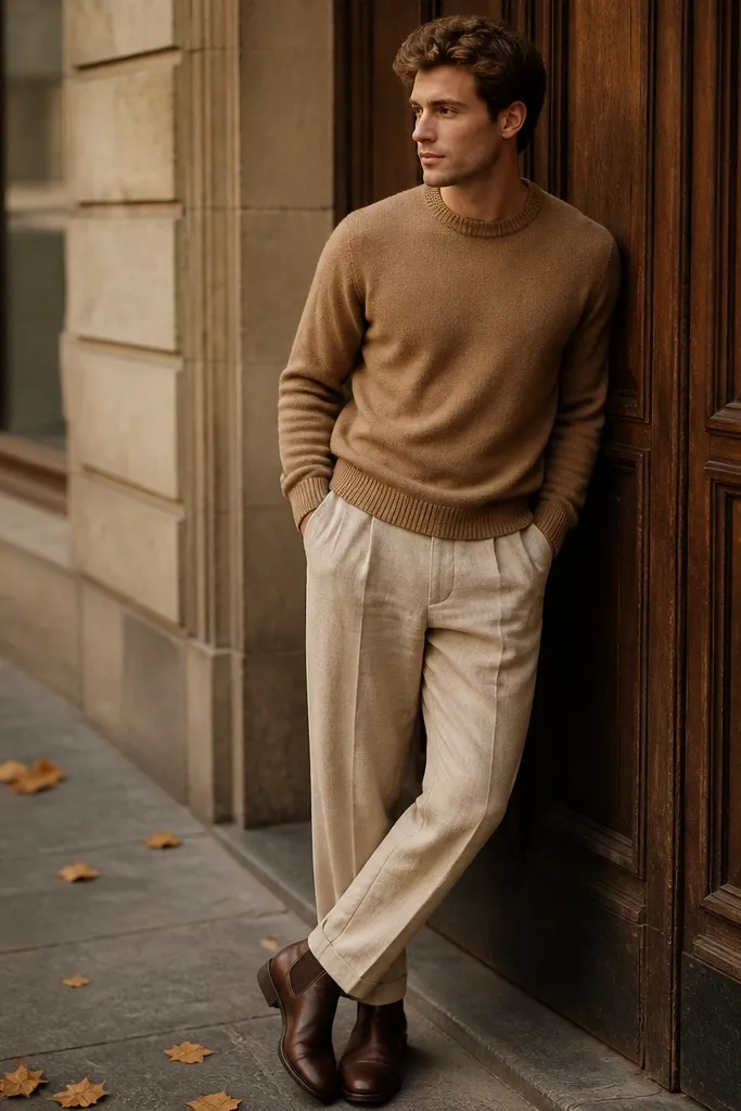 Beige linen pants worn with a camel knit crewneck sweater and dark brown leather boots. The outfit looks autumnal, with soft folds in the sweater and linen wrinkles visible.