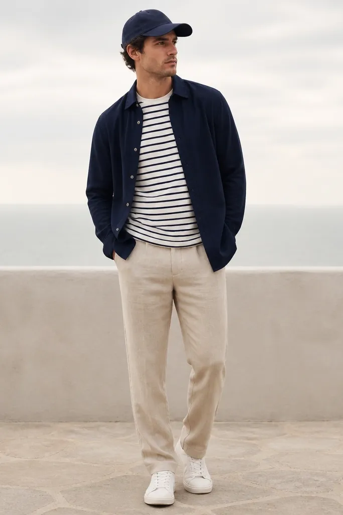 Beige linen pants with a navy overshirt worn open over a white-and-navy striped crew tee. The man wears white sneakers and a navy cap; the overshirt drapes over the waist.