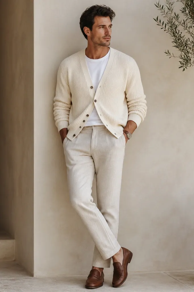 Beige linen pants with a cream knit cardigan buttoned halfway over a white tee. The man wears brown leather loafers and a simple watch; the cardigan sleeves are slightly pushed up.