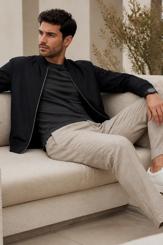 Beige linen pants paired with a black bomber jacket worn unzipped over a charcoal crew tee. The man wears white sneakers and a black watch; the bomber has visible ribbed cuffs.