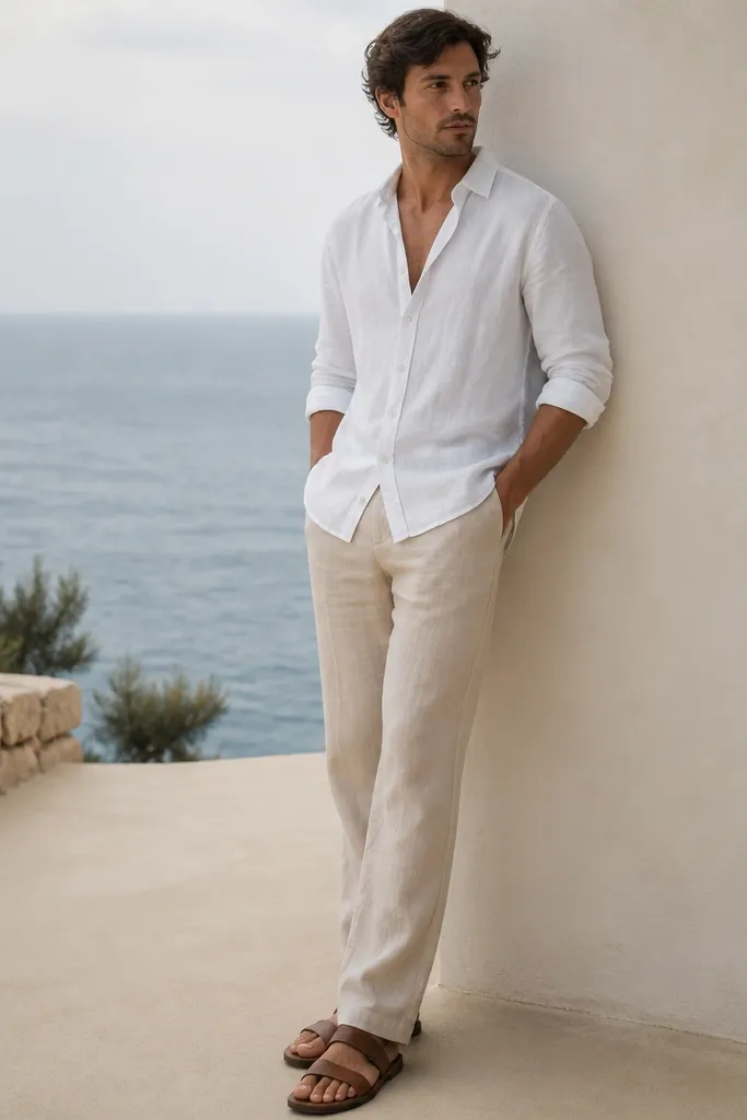 Beige linen pants with a white linen shirt worn untucked, sleeves rolled, and no visible belt. The man wears tan leather sandals and keeps the shirt buttons open at the top.