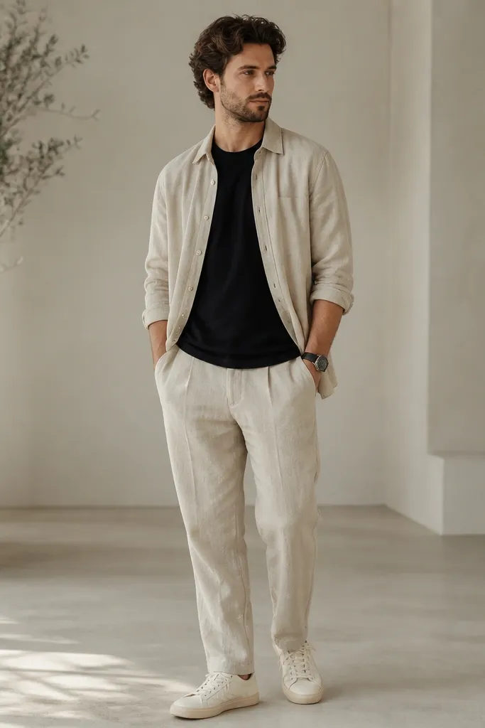 Beige linen pants with a black crew t-shirt, topped by a beige overshirt worn open. The man wears off-white canvas sneakers and a simple black watch; the overshirt texture is visible.