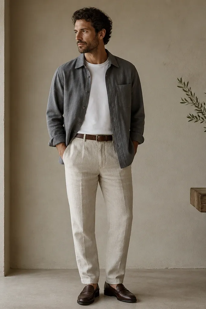 Beige linen pants with a gray flannel overshirt buttoned open over a white tee. The man wears dark brown loafers and has a simple leather belt visible.