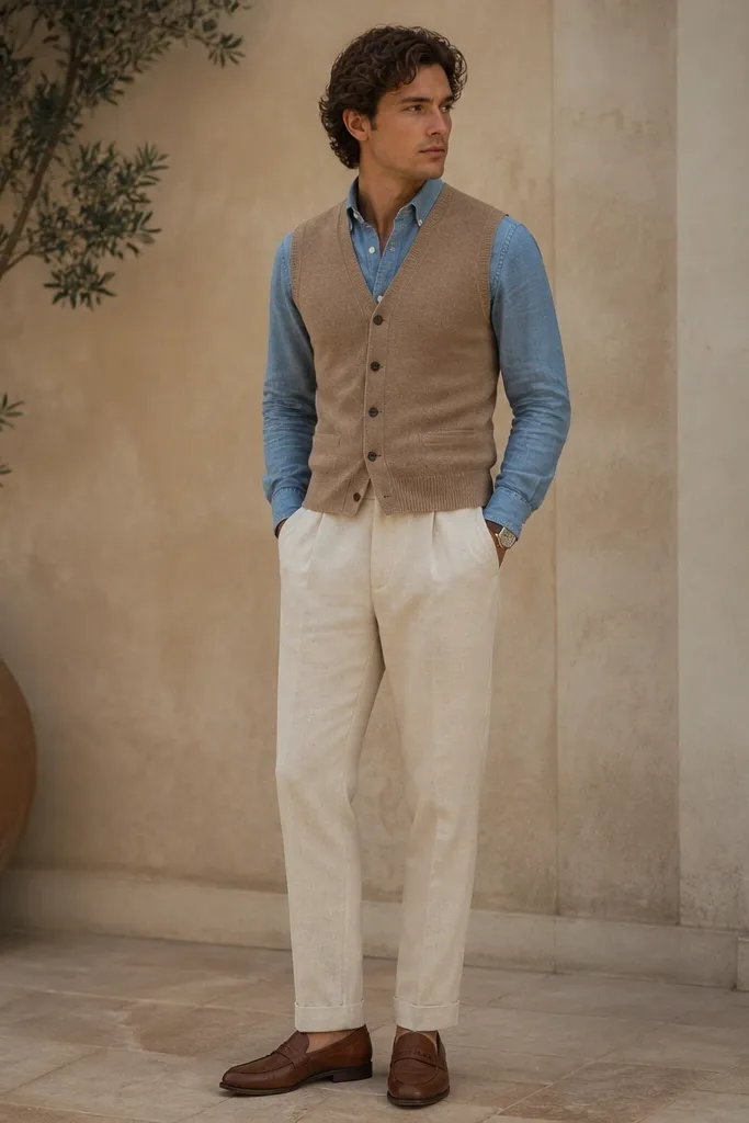 Beige linen pants with a tan sweater vest over a light blue chambray shirt. The man wears brown leather loafers and a simple watch; the vest buttons are closed.