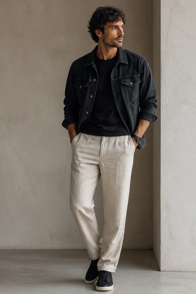 Beige linen pants with a charcoal denim jacket worn open over a black t-shirt. The man wears black sneakers and a dark watch; the jacket has visible seams and matte finish.