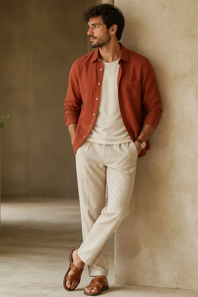 Beige linen pants paired with a rust terracotta button-front overshirt worn open over a cream tee. The man wears tan leather sandals and a rust-brown leather watch strap.