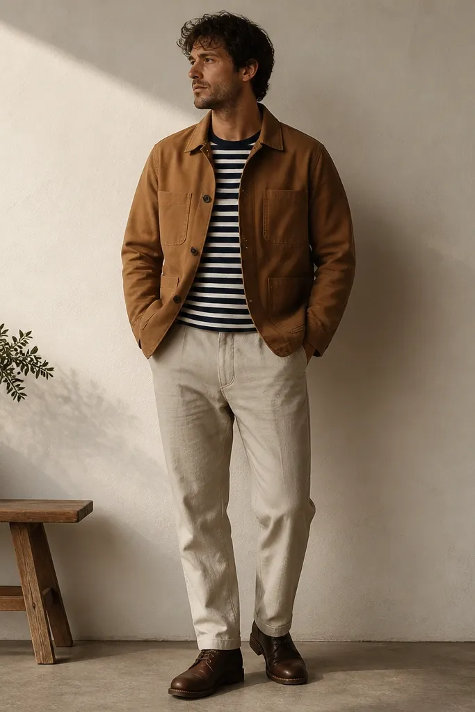Beige linen pants with a camel chore coat worn over a striped crew tee in navy and white. The man wears brown leather boots and has a relaxed stance; the chore coat has visible pockets.