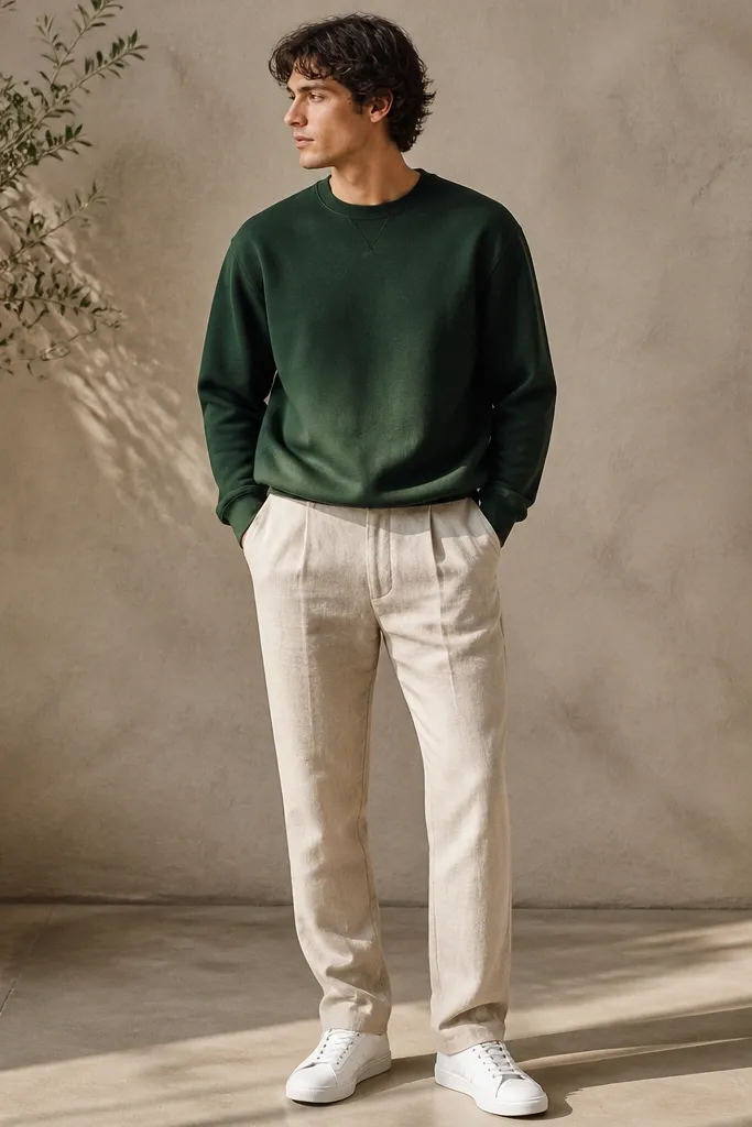 Beige linen pants with a forest green sweatshirt pulled on casually, paired with white sneakers. The sweatshirt hem sits near the waistband, and the pants drape naturally.