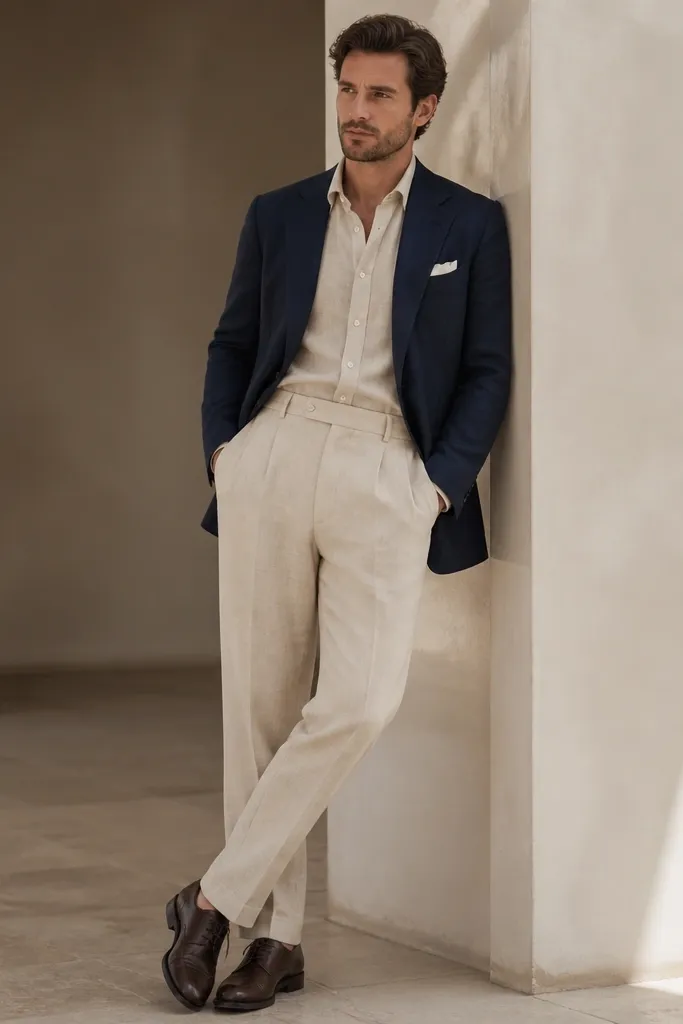 Beige linen pants styled with a navy blazer and a beige linen button-up shirt worn tucked. The man wears dark brown derbies and a white pocket square; the blazer is unbuttoned.
