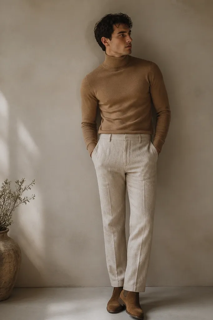 Beige linen pants paired with a tan turtleneck sweater and brown suede boots. The turtleneck is snug around the neck, and the pants have a straight leg with mild wrinkles.
